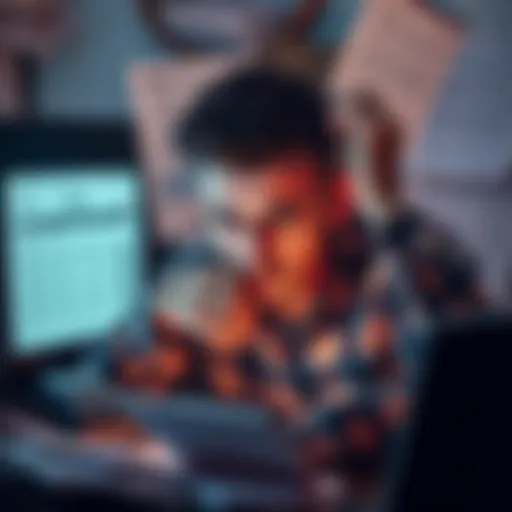 A stressed person surrounded by tax forms and a computer showing a tax calculator, looking overwhelmed by crypto tax compliance issues.