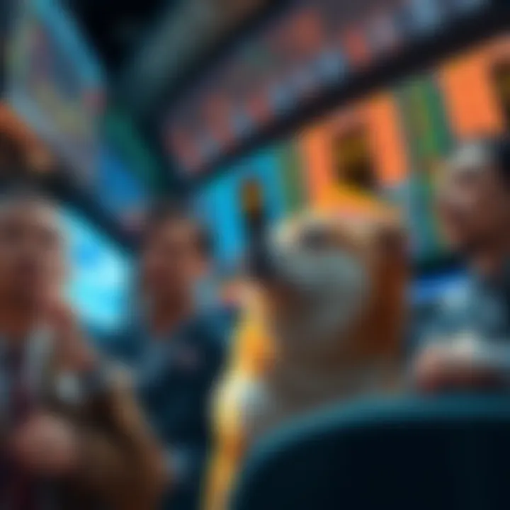 A group of traders looking at charts and screens displaying Shiba Inu transactions, showing expressions of confusion and concern