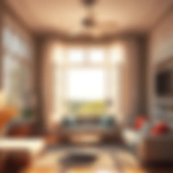 A bright living room with open windows, sheer curtains blowing in the breeze, and a fan circulating air for a cooler atmosphere.