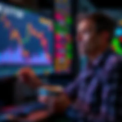 A person looking at stock market graphs on a screen, showing a downward trend, while holding a cup of coffee and appearing thoughtful