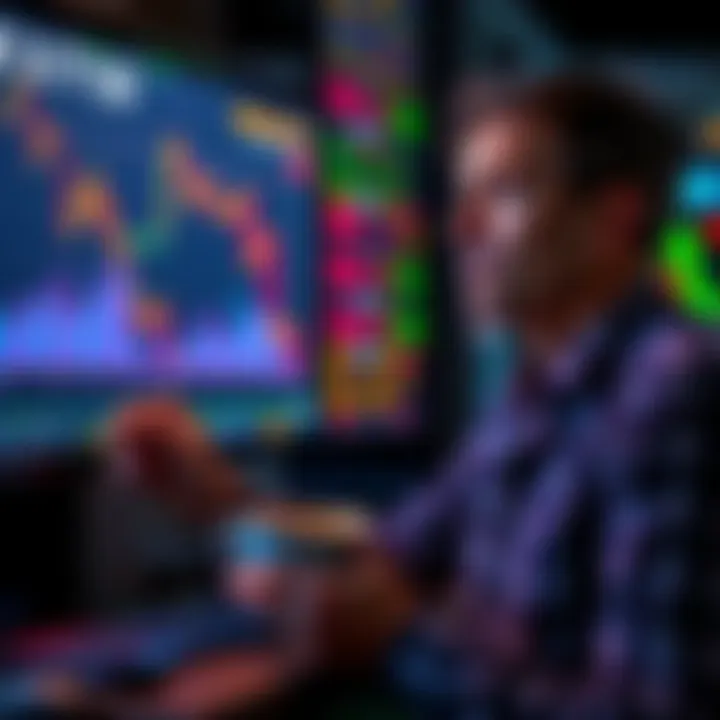 A person looking at stock market graphs on a screen, showing a downward trend, while holding a cup of coffee and appearing thoughtful