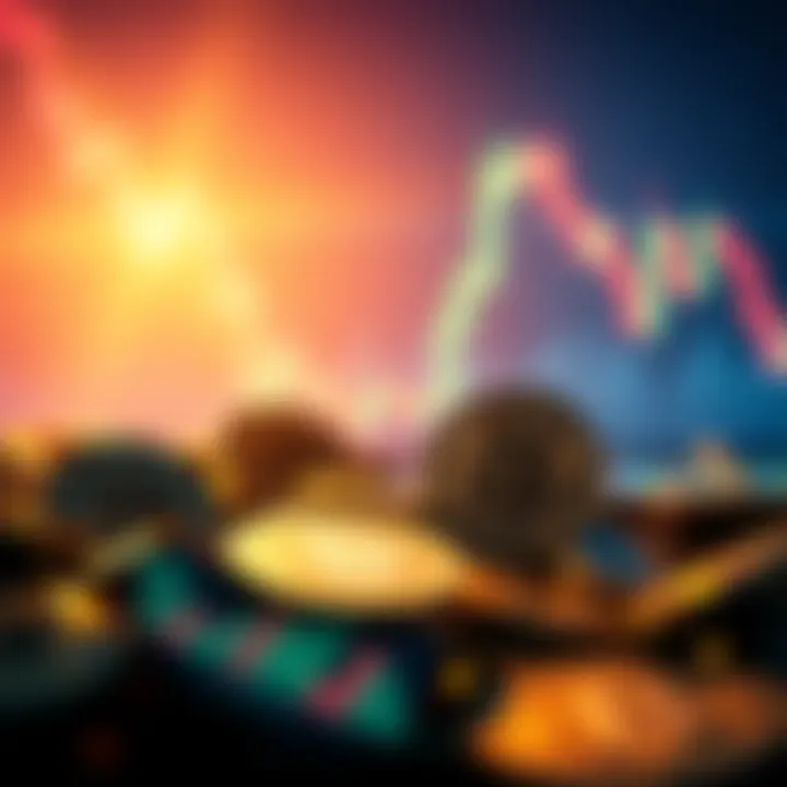 A visual showing core coins facing downward trends, contrasting with a background of a stock market graph indicating RH's success.