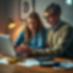 A couple looks at Bitcoin charts on a laptop while discussing their superannuation options, with a calculator and papers on the table.