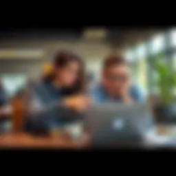 A young couple sitting at a table, looking at a laptop and discussing their options for their cryptocurrency profits, with a notepad and pen near them.