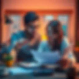 A couple reviewing their finances and planning their savings for a house deposit, surrounded by documents and a calculator.
