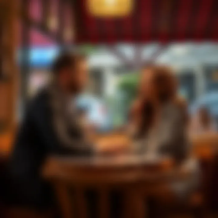 A man and woman sit at a cafe table, talking and smiling, emphasizing communication in relationships