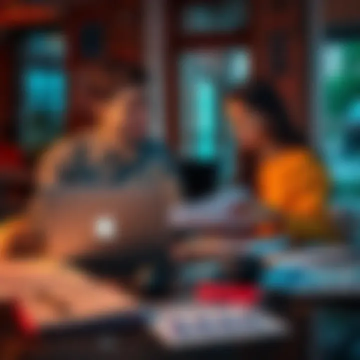 A couple in their late 20s sits at a table, looking at a laptop and discussing different investment opportunities like real estate, business, and travel, with a financial planner's documents spread out before them.