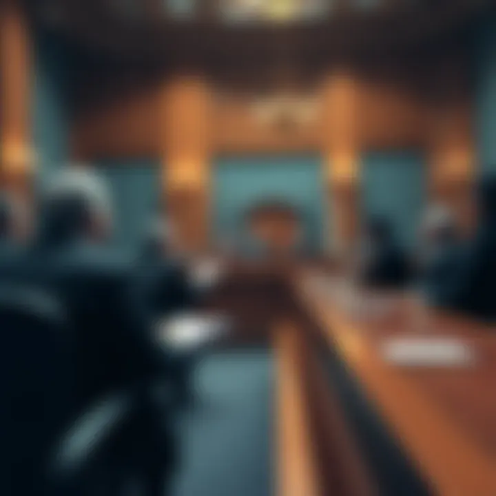 A courtroom scene showing lawyers discussing updates on DECENT LAW and bankruptcy proceedings