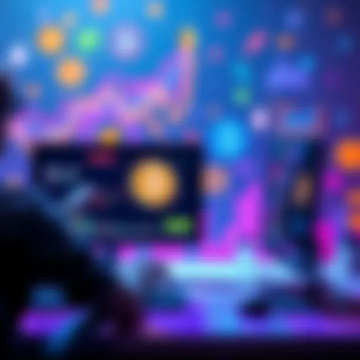 A person using a computer to create an ERC-20 token on a no-code platform, with colorful graphics representing cryptocurrency and tokens in the background.