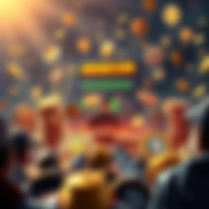 A user is launching a new memecoin on the MoneyGlitch platform, surrounded by various coin designs and rewards, showcasing the ease of use and creativity involved.