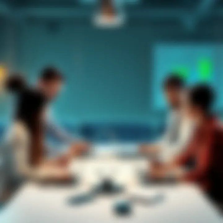 A group of diverse people brainstorm ideas for innovative tech tools around a table filled with sketches and laptops.