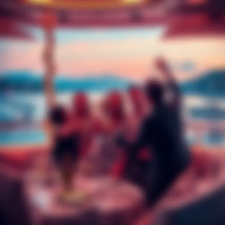 People celebrating a successful investment in a luxurious setting with champagne and festive decorations, envisioning future gains in St. Tropez.