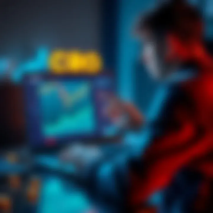 A person considering staking CRO tokens for a ruby tier card, looking at market trends on a laptop screen.