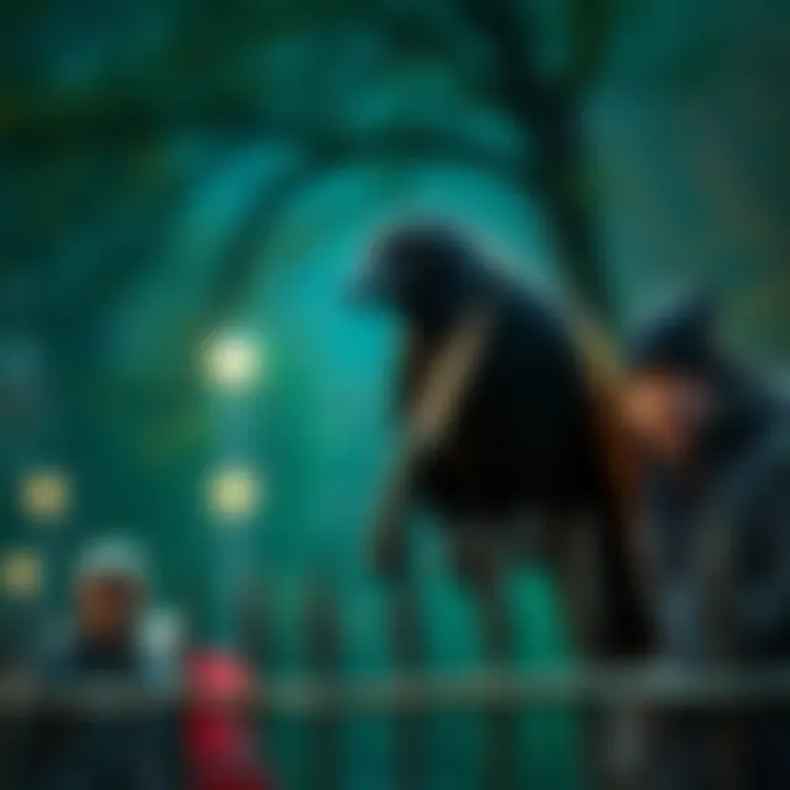 A crow holding a knife in its beak, perched on a fence, watched by surprised onlookers.
