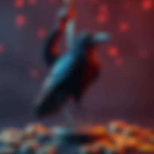 A crow with a knife in its beak, standing on a base, surrounded by digital tokens