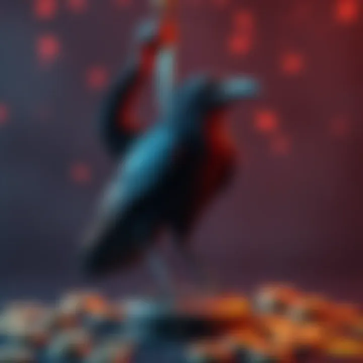 A crow with a knife in its beak, standing on a base, surrounded by digital tokens