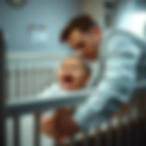 A 3-month-old baby crying in a crib with a concerned parent leaning nearby