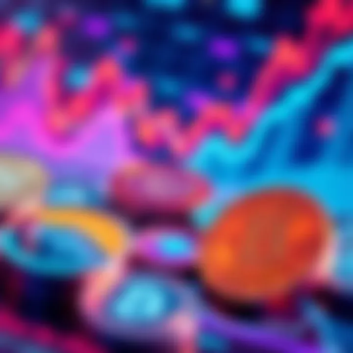 Colorful display of various cryptocurrency coins with charts showing upward trends, representing investment opportunities in 2025.
