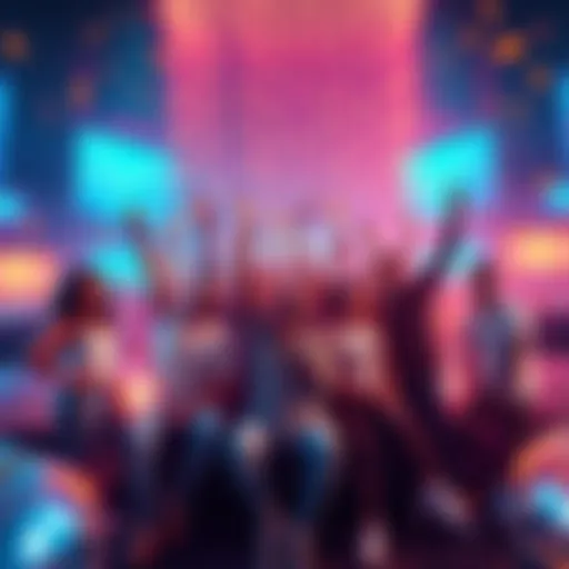 A diverse group of people celebrating financial freedom with $POWSCHE tokens, surrounded by cars and digital screens showing crypto trends.