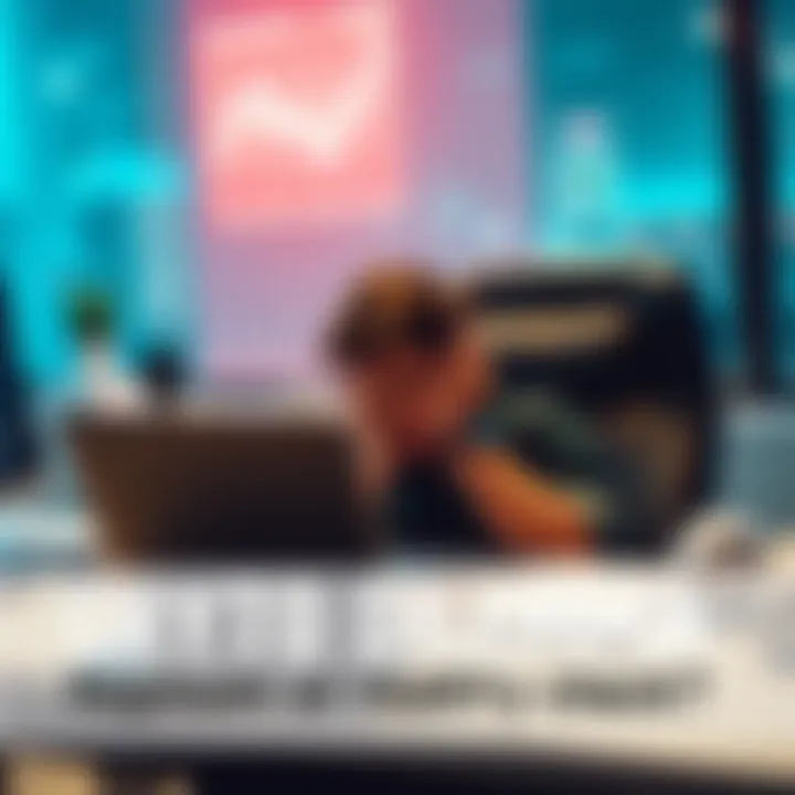 Individual sitting at a desk with a laptop, holding their head in hands, showing concern over cryptocurrency losses.