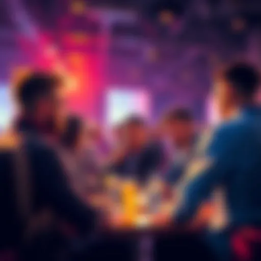A lively group of people discussing cryptocurrency trends and market opportunities at a weekend meetup.