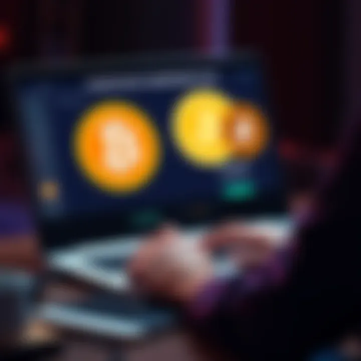 A person using a laptop to create a secure inheritance plan for cryptocurrency, with Bitcoin and Bitcoin Cash symbols on the screen.