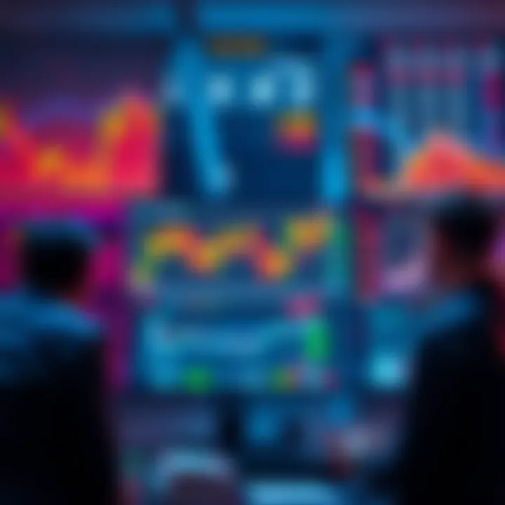 A graphic showing fluctuating cryptocurrency prices with investors observing trends on screens.