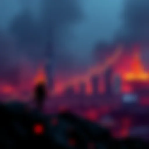Graph showing rising cryptocurrency prices with conflict-themed background
