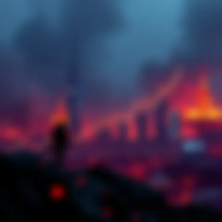 Graph showing rising cryptocurrency prices with conflict-themed background