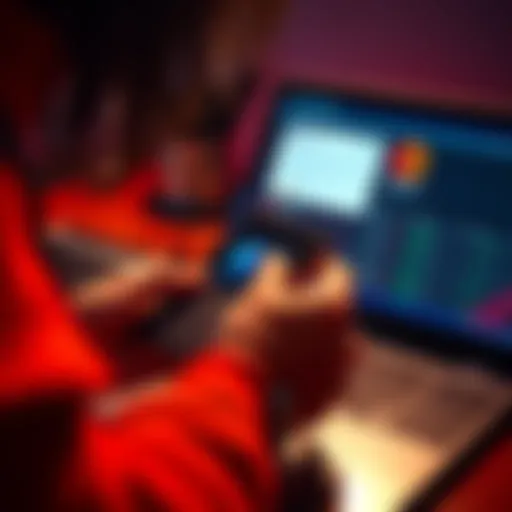 A person holding a cold wallet device while looking at a laptop screen with a MetaMask interface open.