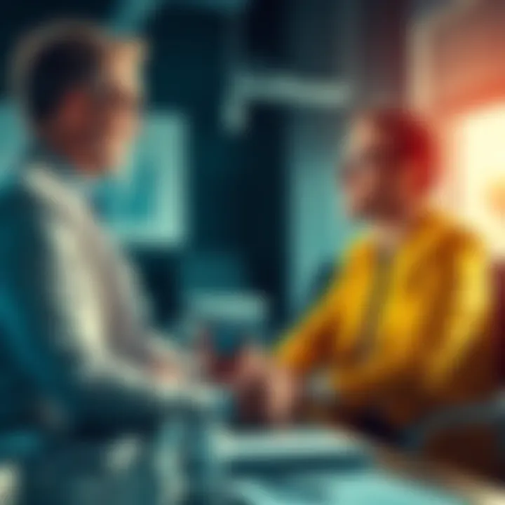 A financial expert discussing cryptocurrency investments with a client in an office setting.
