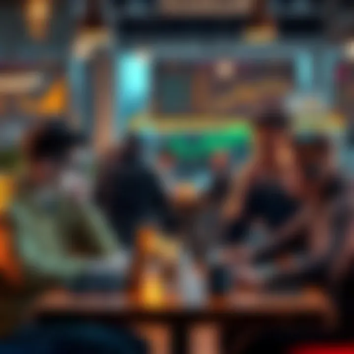 A group of young men discussing cryptocurrency trends in a cafe setting, surrounded by laptops and charts.