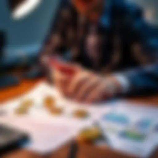 A person analyzing a tax report with cryptocurrency symbols and financial documents on a desk