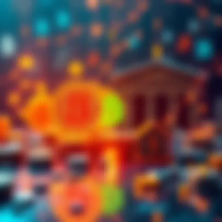 A digital representation showing the conflict between decentralized and centralized structures in cryptocurrency, featuring blockchain icons and traditional banking symbols.