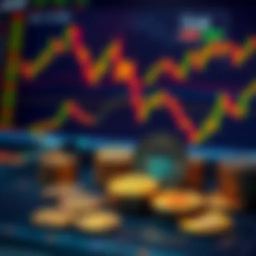 A digital display of cryptocurrency coins with market charts and graphs, symbolizing trading decisions