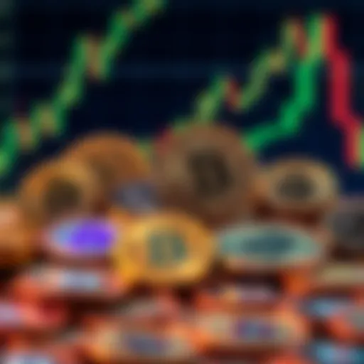 An assortment of cryptocurrency symbols representing coins like Zebec, BSL, DOVU, XPR, VELO, and SHX priced below one penny, with a financial chart in the background showing growth potential.