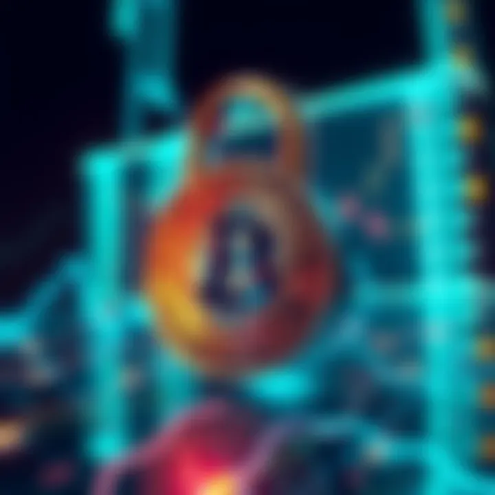 A digital lock symbol overlaying a Bitcoin coin, representing the tension between control and freedom in cryptocurrency.