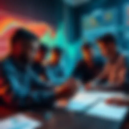 A team of developers discussing plans for a crypto payment system with code and charts on the table