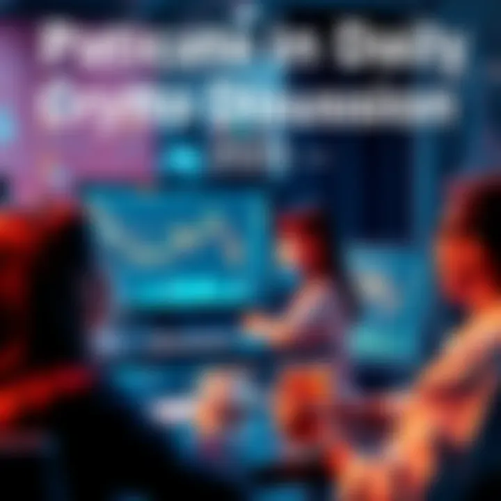 People engaging in a lively online discussion about cryptocurrency, with charts and graphs visible on their screens.