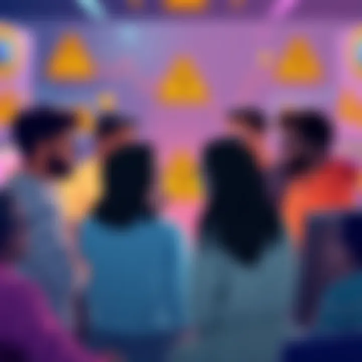Illustration of diverse people discussing cryptocurrency trends with caution symbols in a virtual space.