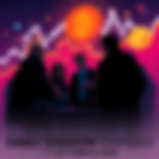 People engaging in a crypto discussion with charts and digital currency symbols in the background
