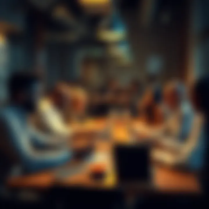 A group of diverse people engaging in a lively discussion about cryptocurrency at a table, with laptops and phones visible, emphasizing collaboration and information sharing.