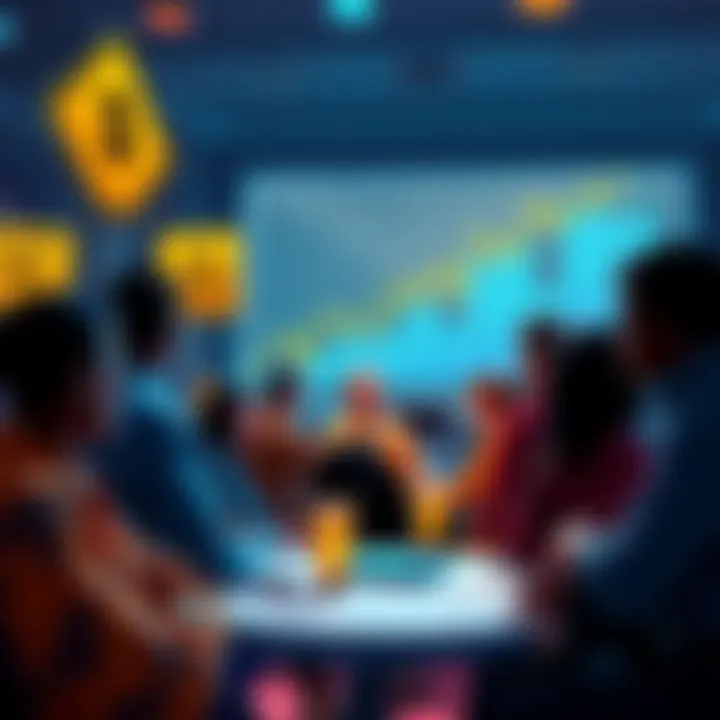 Group of people discussing cryptocurrency with caution signs and charts in the background