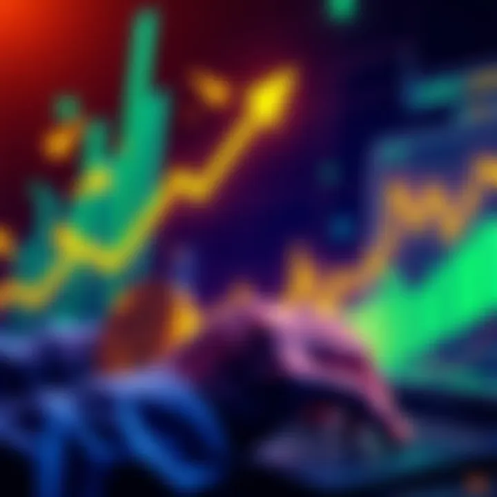 A graphic showing a rising graph alongside cryptocurrency coins and a user interacting with a digital interface for staking.