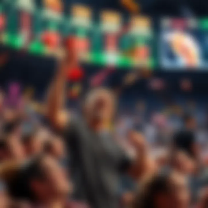 A man at a WNBA game tossing colorful sex toys into the crowd, showing his unique way of cheering and expressing himself while looking a bit lonely in the crowd.