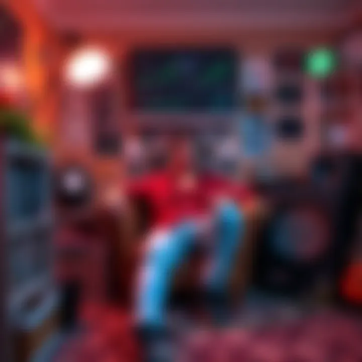 A person sitting comfortably at home, surrounded by cryptocurrency charts and digital currency memorabilia, showcasing their passion for crypto.