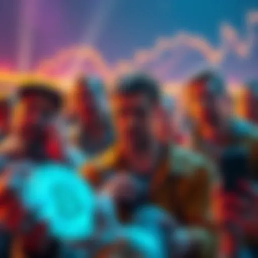 A group of crypto enthusiasts looking frustrated as they try to bridge to Pulsechain, with digital coins and charts around them.