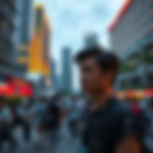 A man reports an assault at the Token2049 event in Singapore, with a backdrop of city buildings and attendees in the foreground.