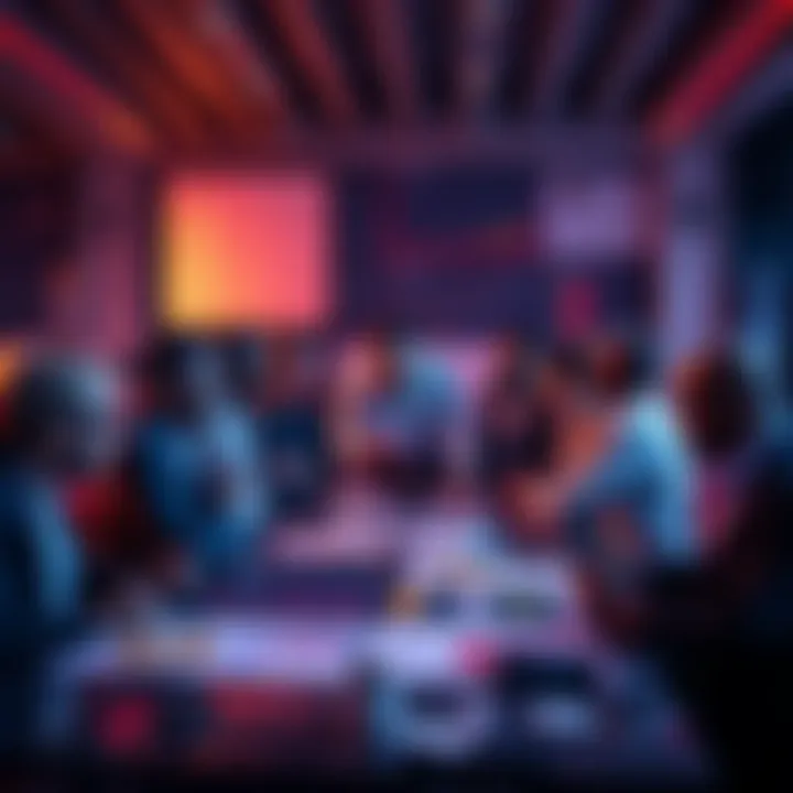 A diverse group of people brainstorming strategies for getting listed on major cryptocurrency exchanges, showcasing charts and exchange logos on a table