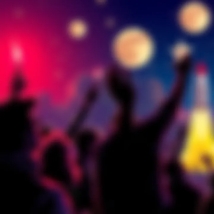 People celebrating a potential rise in cryptocurrency with rockets and moon illustrations in the background